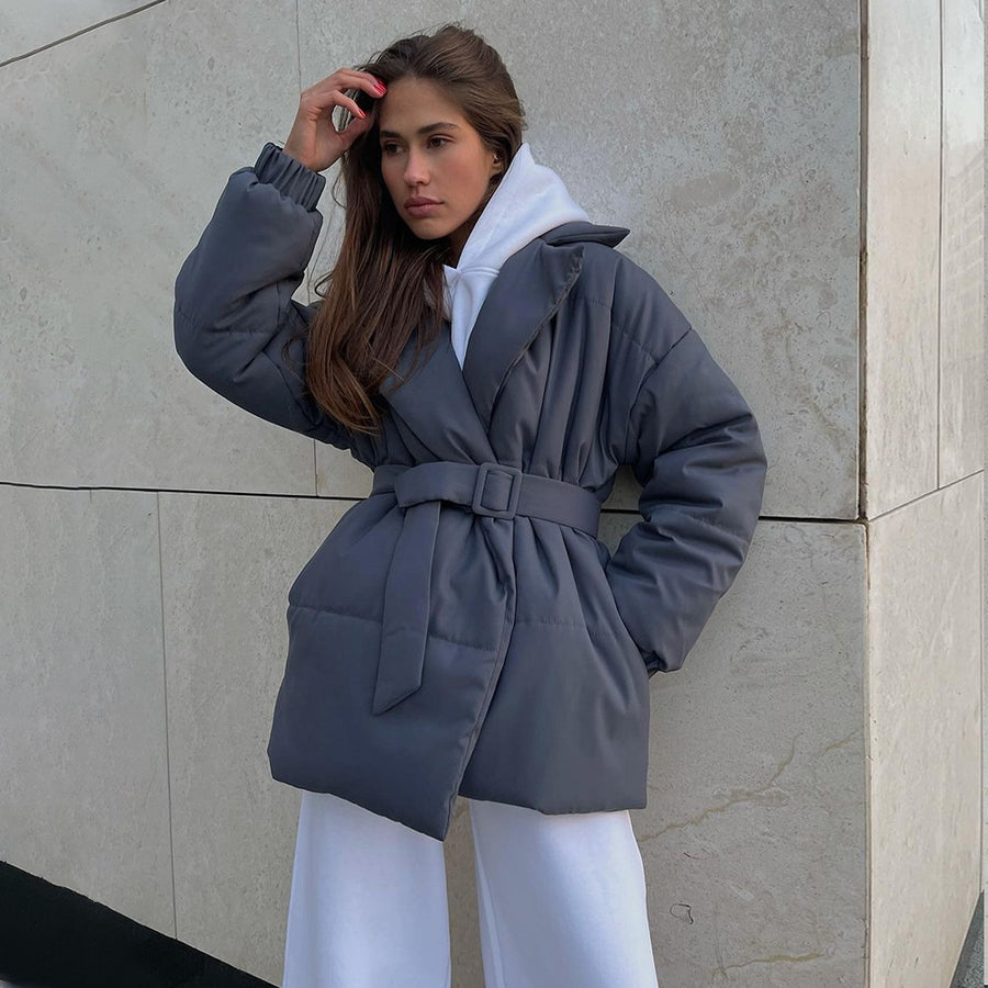 New Thickened Slimming Cinched Cotton-padded Coat Solid Color Belt Cotton Coat Jacket